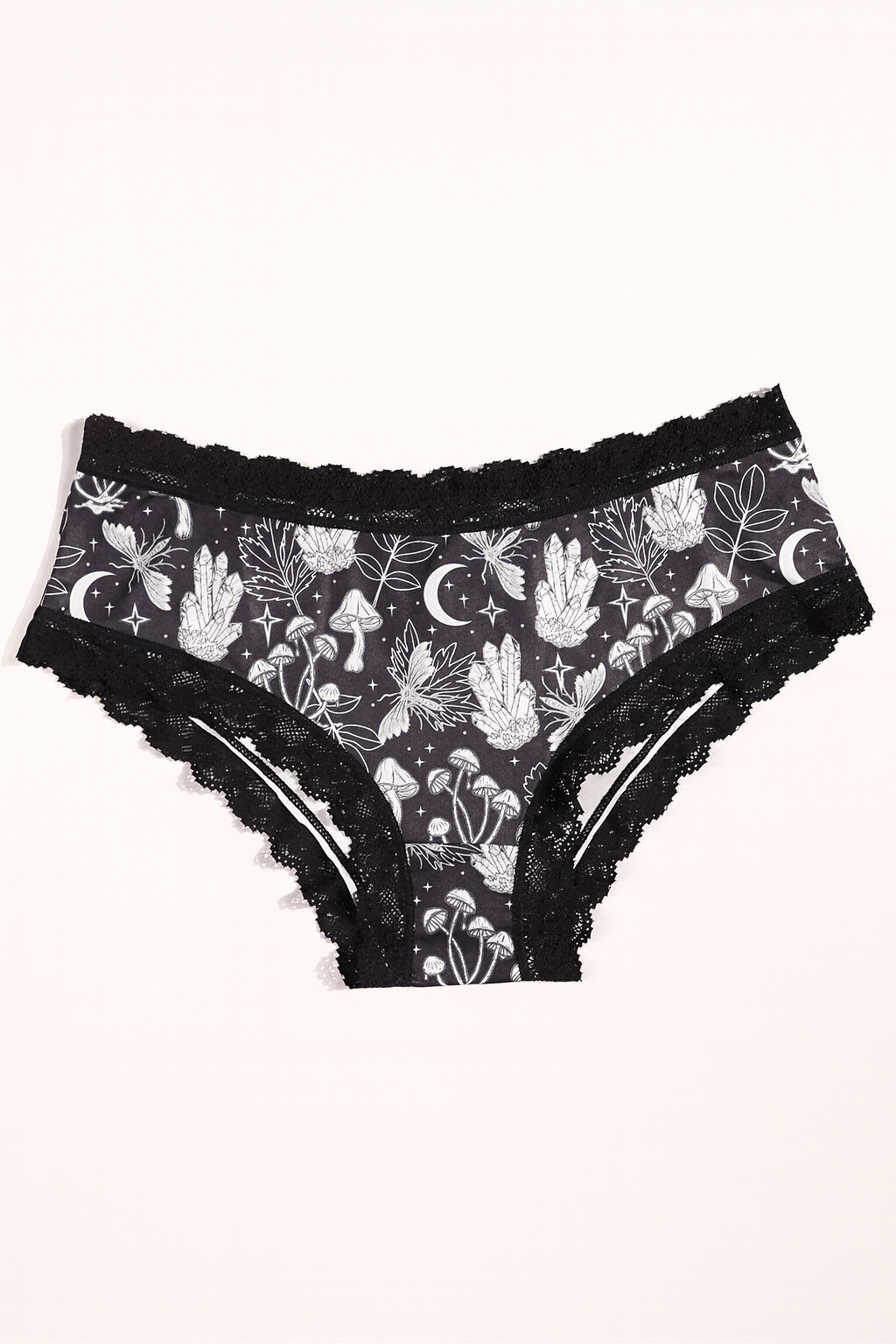 4pcs Gothic Women’s Lace Hipsters - Halloween Skull, Eyeballs, Stars & Mushrooms Allover Print Low-Rise Panties with Contrast Lace Trim, Comfy Stretch Intimates for Women