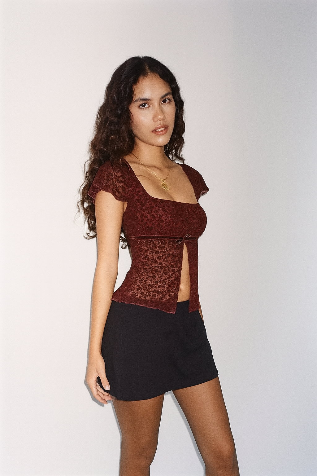 Gothic Red Crop Top with Square Neck and Side Slit