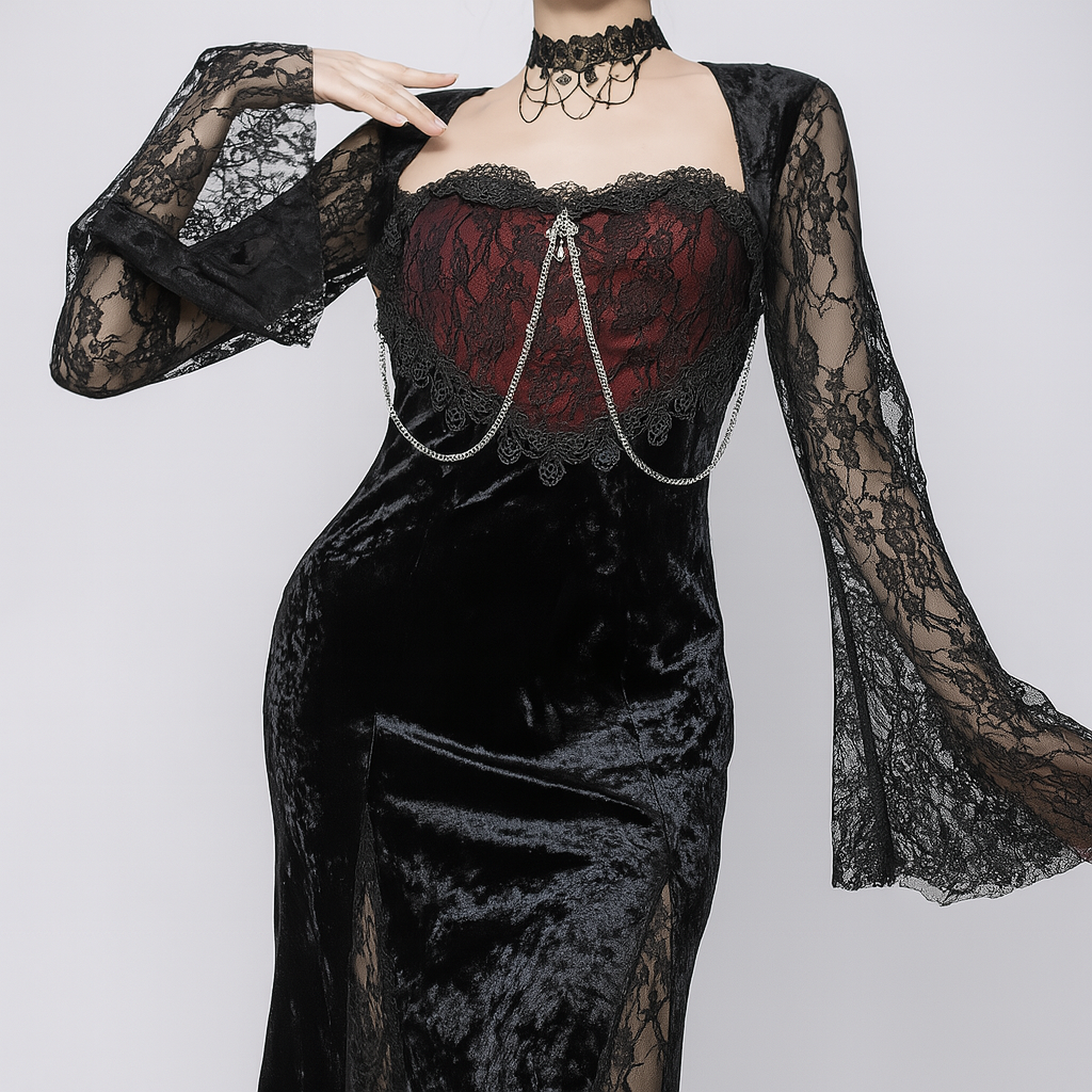 Gothic Lace Velvet Dress with High Slit and Bell Sleeves
