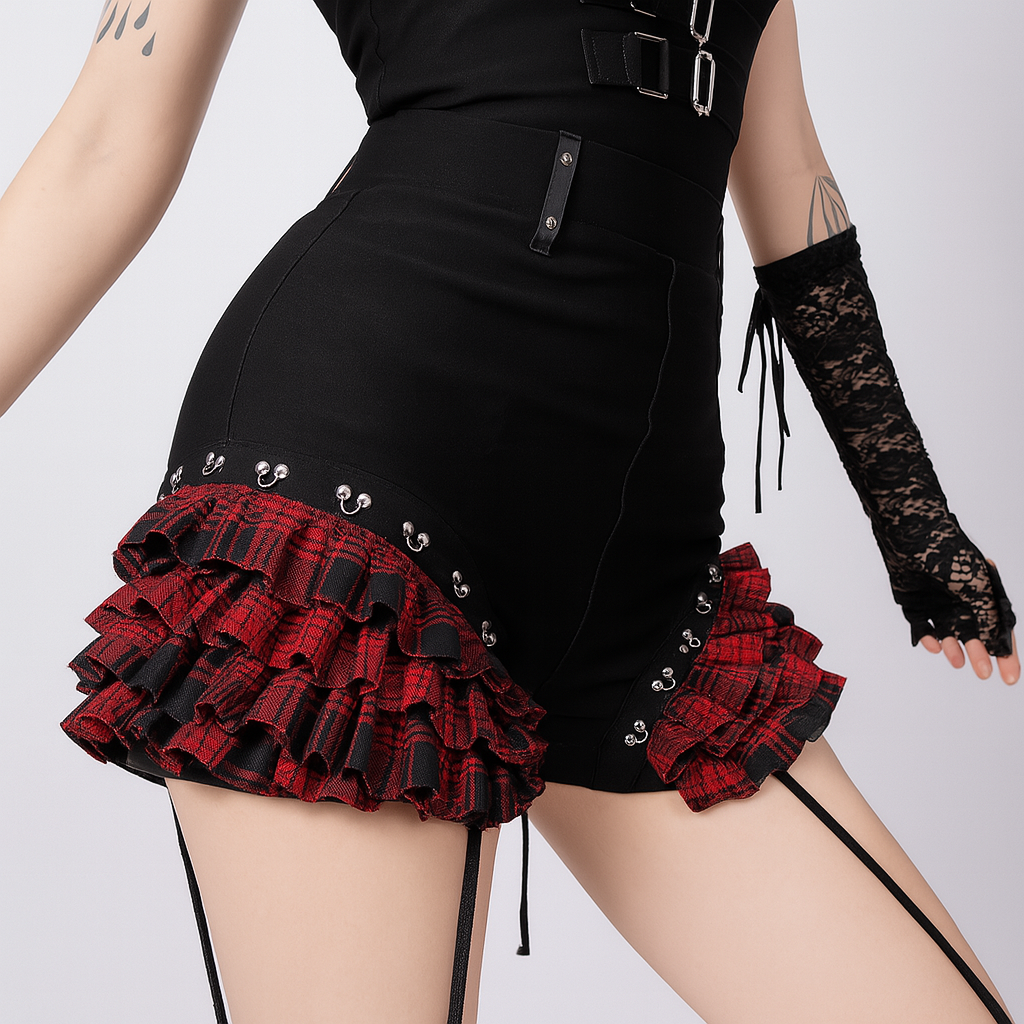 Gothic Grunge Halter Neck Shorts with Plaid Paneling and Ruffle Trim