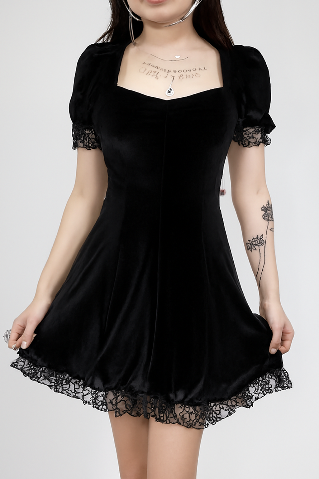 Puff Sleeve Lace Trim Gothic Velvet Dress