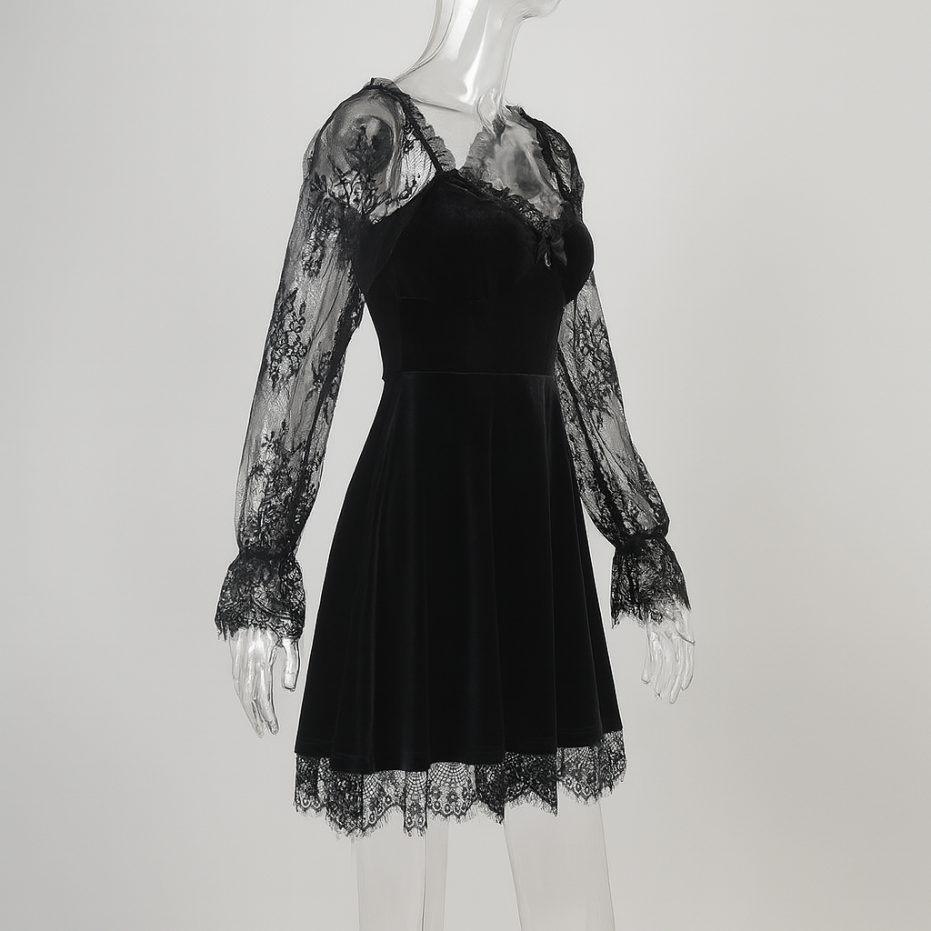 Gothic Ruffled Lace Mini Dress in Black Red and Burgundy