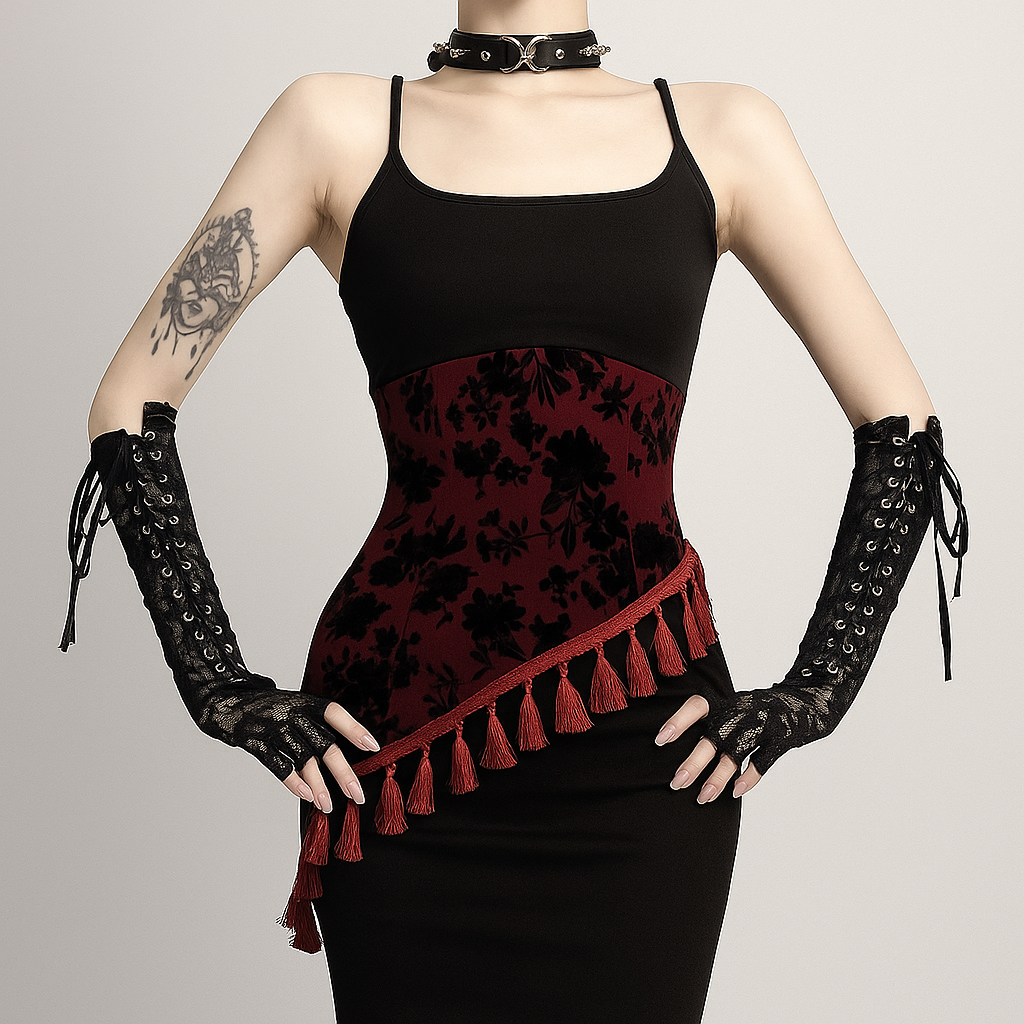 Floral Fringe Gothic Maxi Dress With Lace Accents
