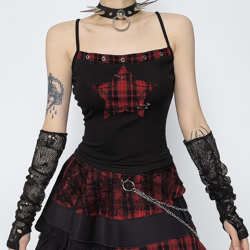 Pentagram Print Checkered Crop Top Gothic Grunge Style