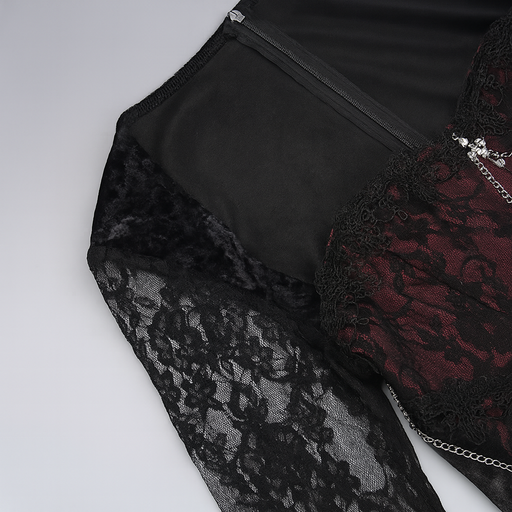 Gothic Lace Velvet Dress with High Slit and Bell Sleeves