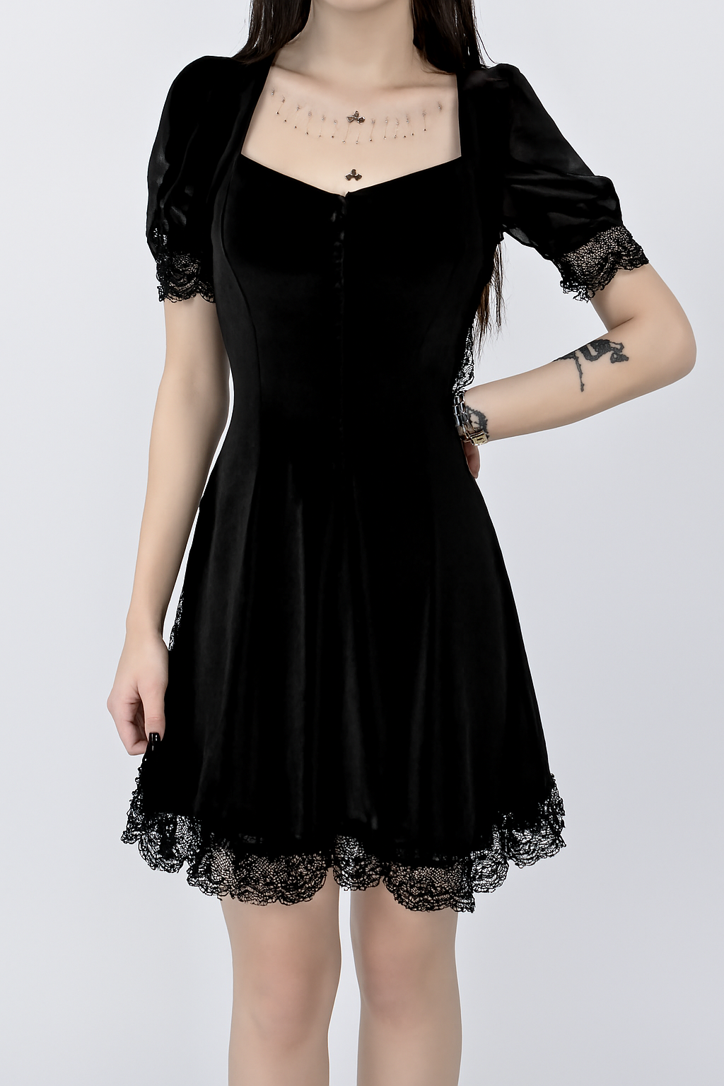 Puff Sleeve Lace Trim Gothic Velvet Dress