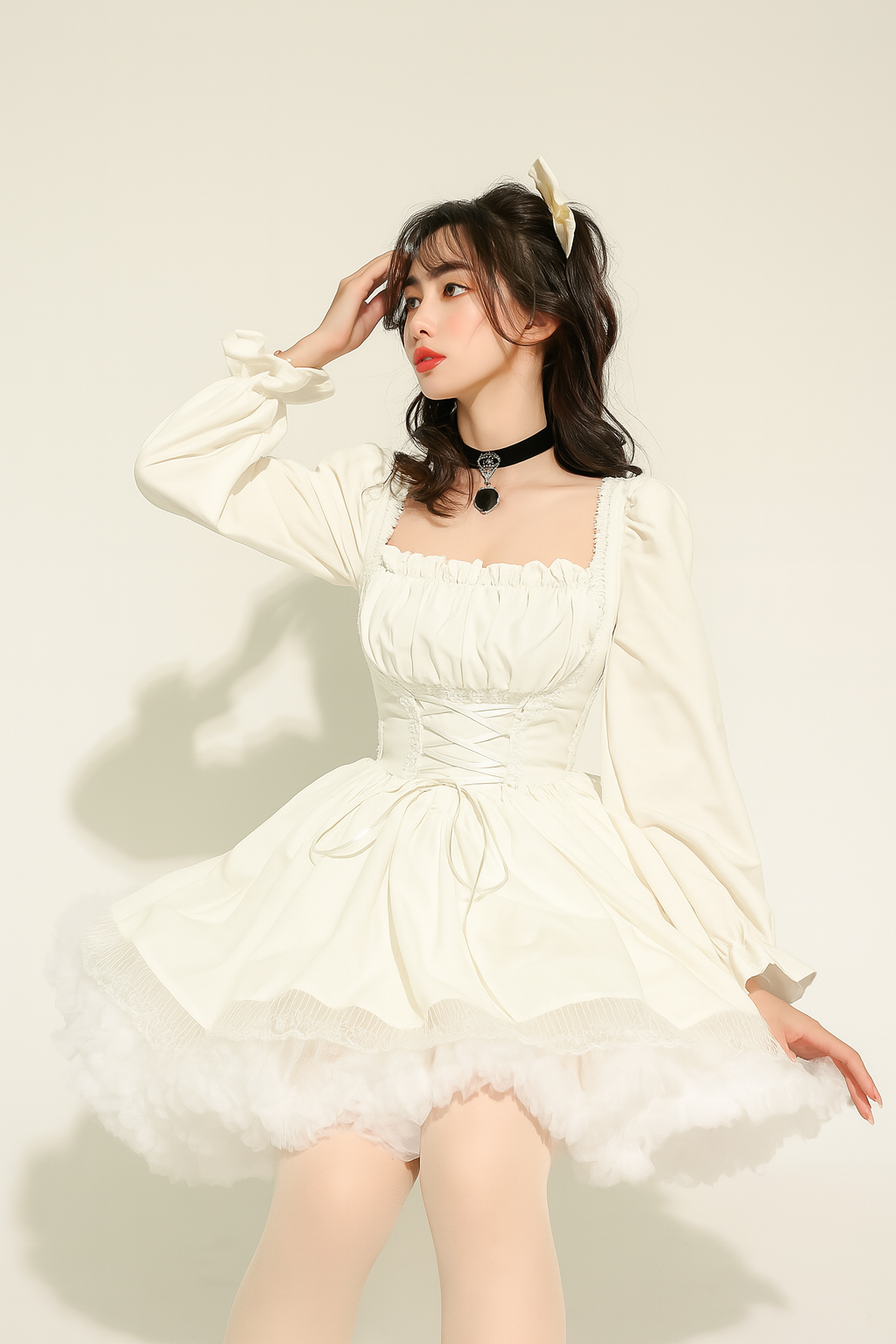Puff Sleeve Gothic Princess Dress with Lace Trim
