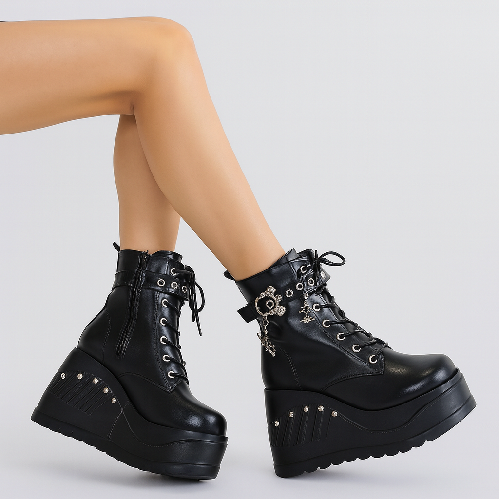 1 pair unisex punk-style thick-soled goth boots with dark aesthetic and studded details