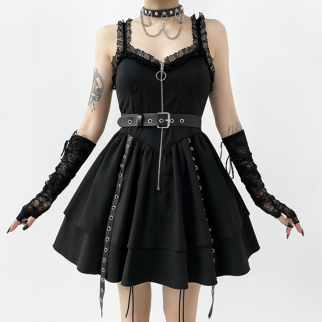 Gothic Punk Flare Dress with Eyelet Details and Zipper