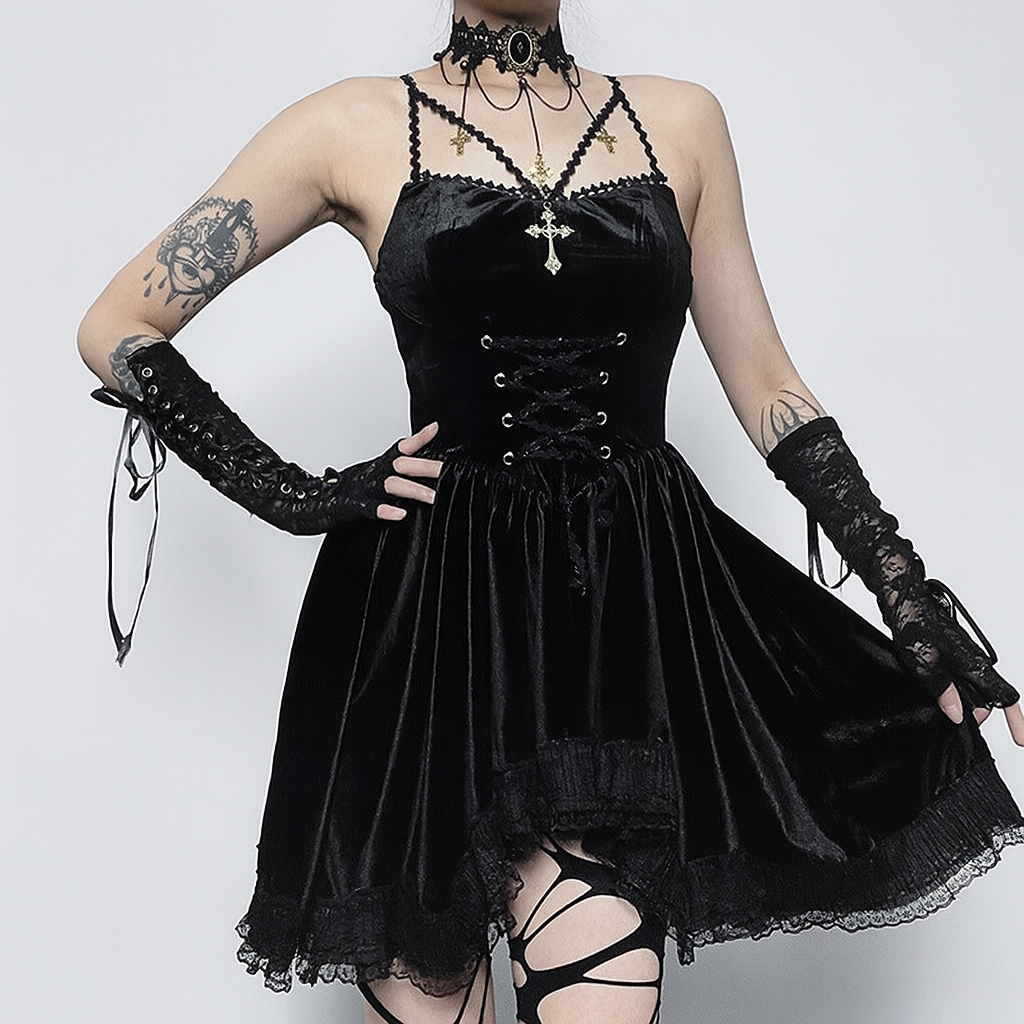 Dark Velvet Lace-Up A-Line Dress