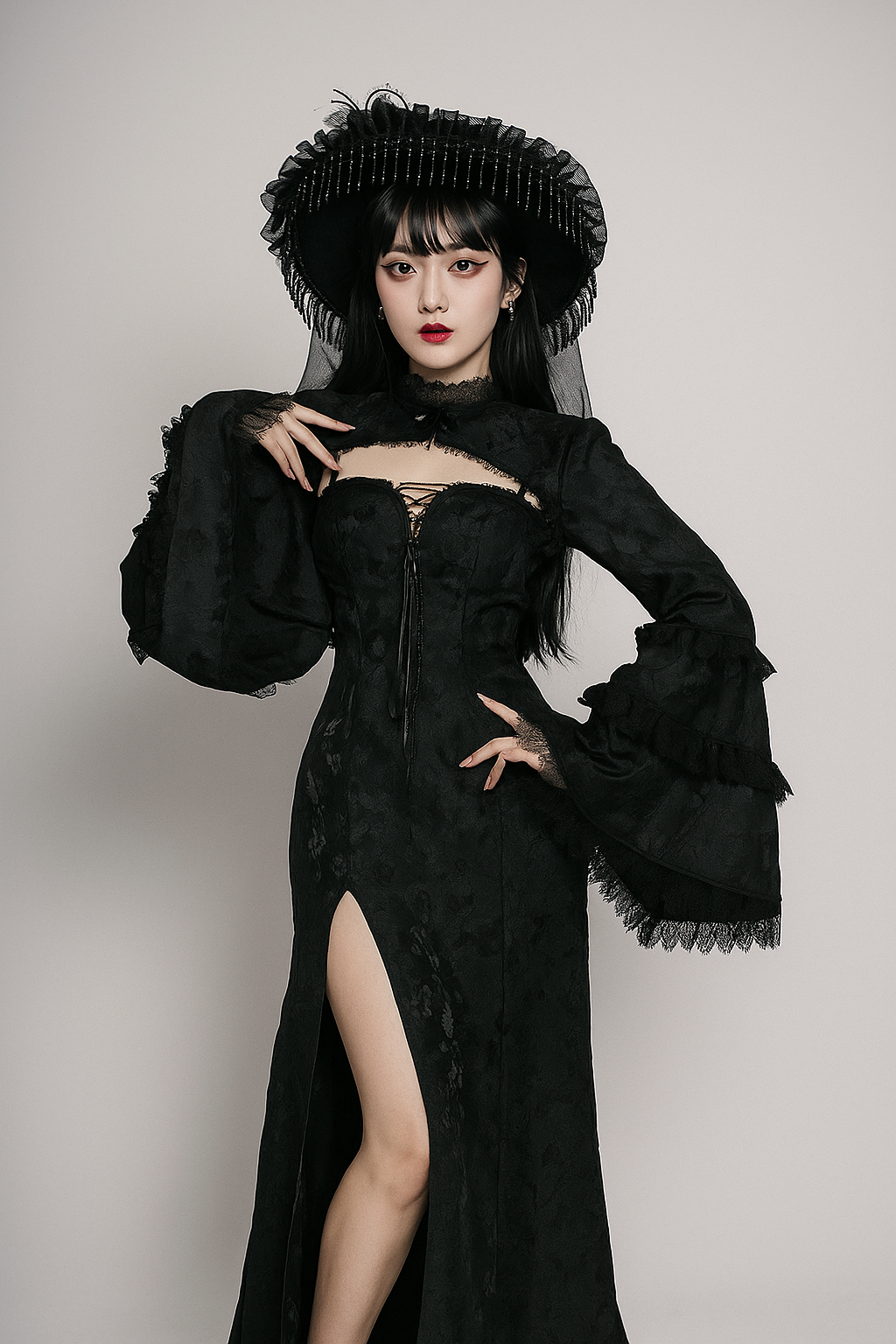 Gothic Lace-Up Maxi Dress and Sheer Cardigan Set