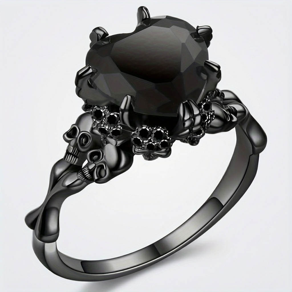 Gothic Black Double Skull Ring with Red Heart-Shaped Crystal – Vintage Women’s Jewelry for Parties, Weddings, and Casual Attire, Skull Jewelry