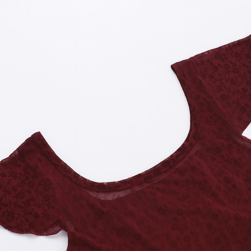 Gothic Red Crop Top with Square Neck and Side Slit