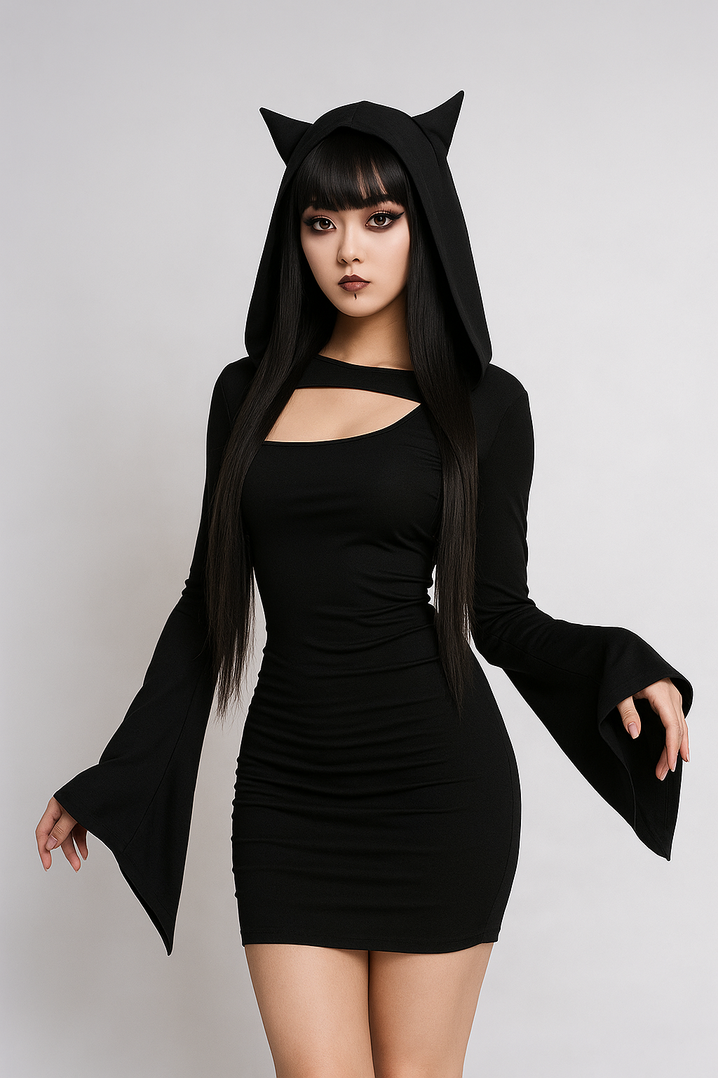 Gothic Cat-Ear Mini Dress Set with Slanted Neckline