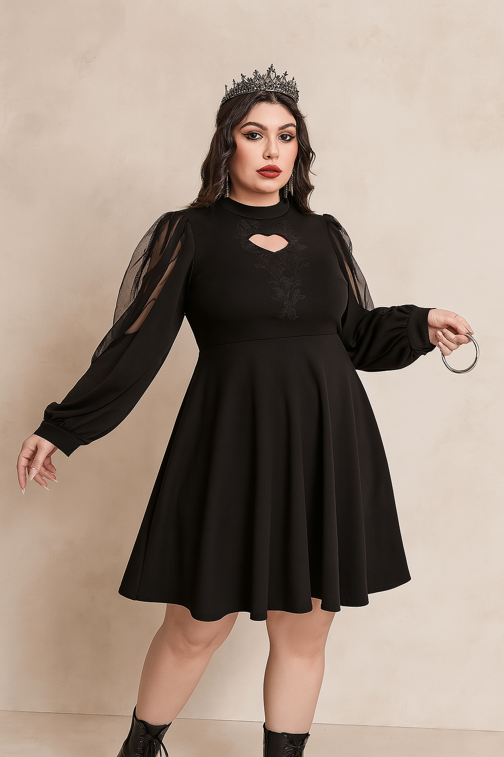 Dark Romantic A-Line Dress with Sheer Mesh Sleeves