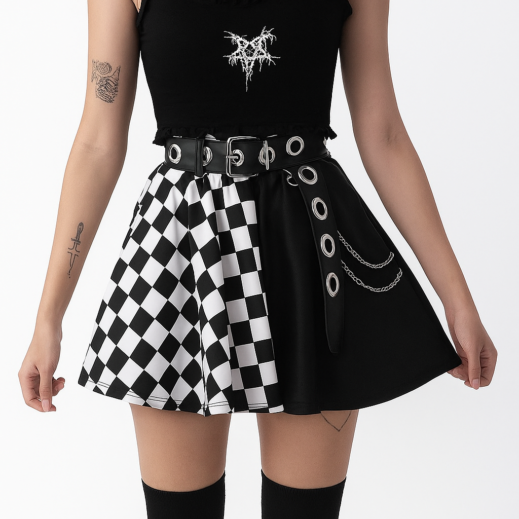 Gothic Houndstooth High Waist Pleated Mini Skirt