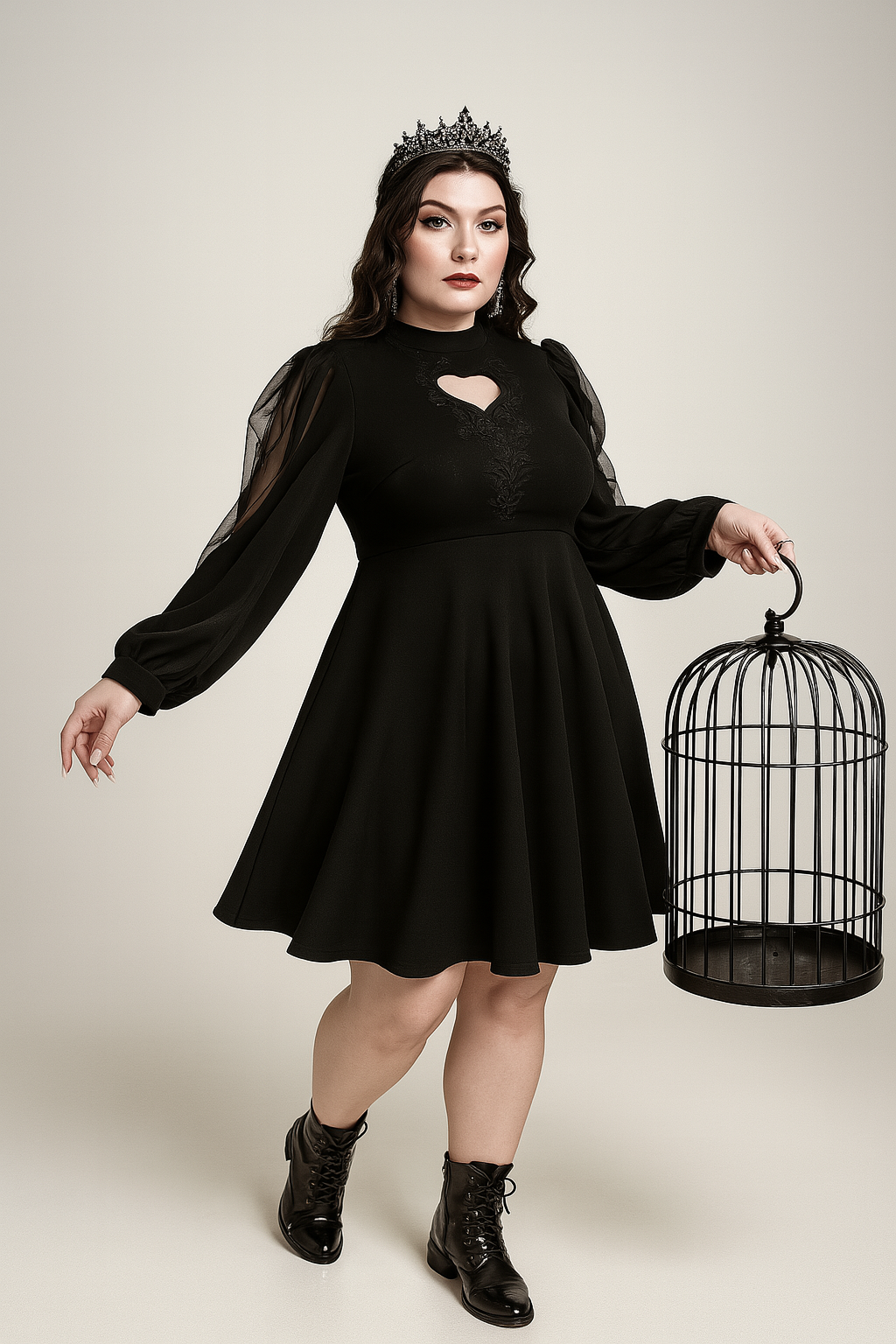 Dark Romantic A-Line Dress with Sheer Mesh Sleeves