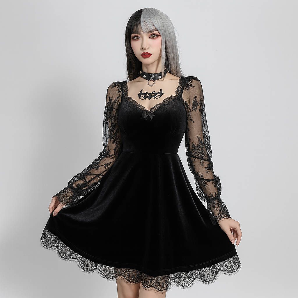 Gothic Ruffled Lace Mini Dress in Black Red and Burgundy