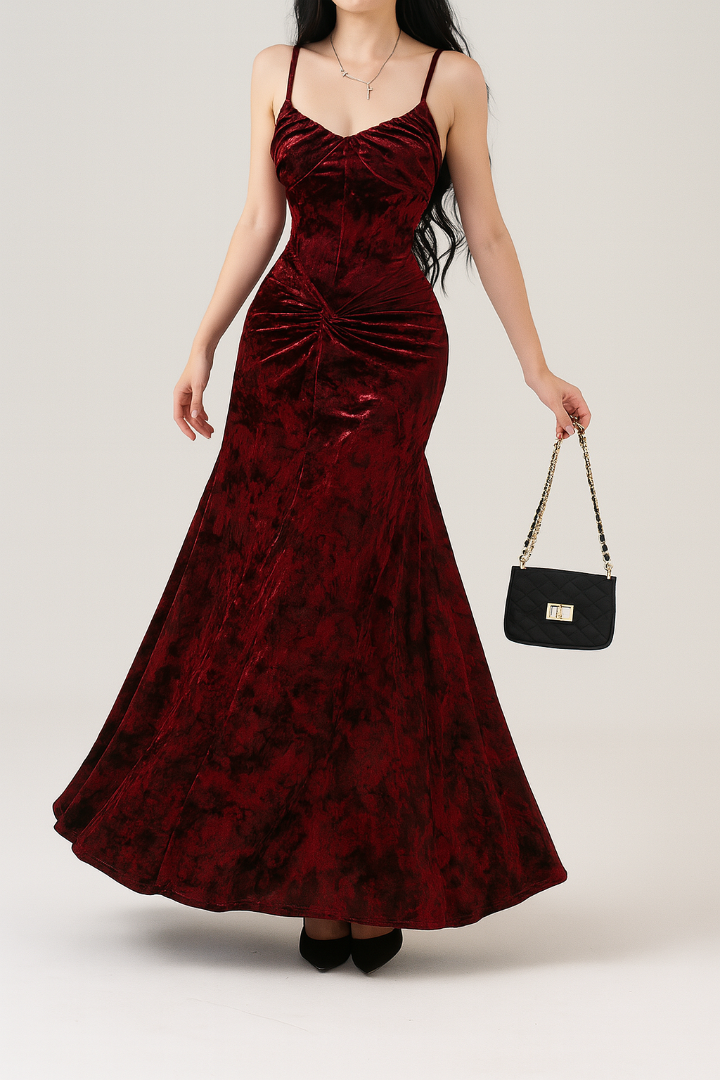 Gothic Velvet Maxi Dress with Elegant V-Neckline