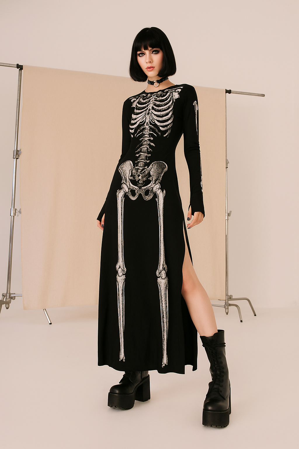 Skeleton Print Gothic Long Dress for Halloween and Alternative Fashion