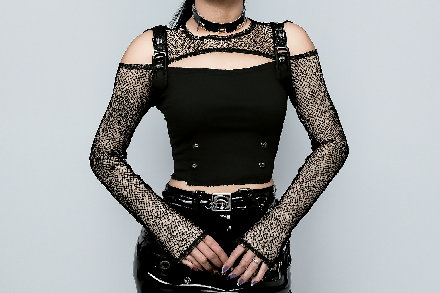 Shoulderless Black Punk Top with Fishnet Sleeves