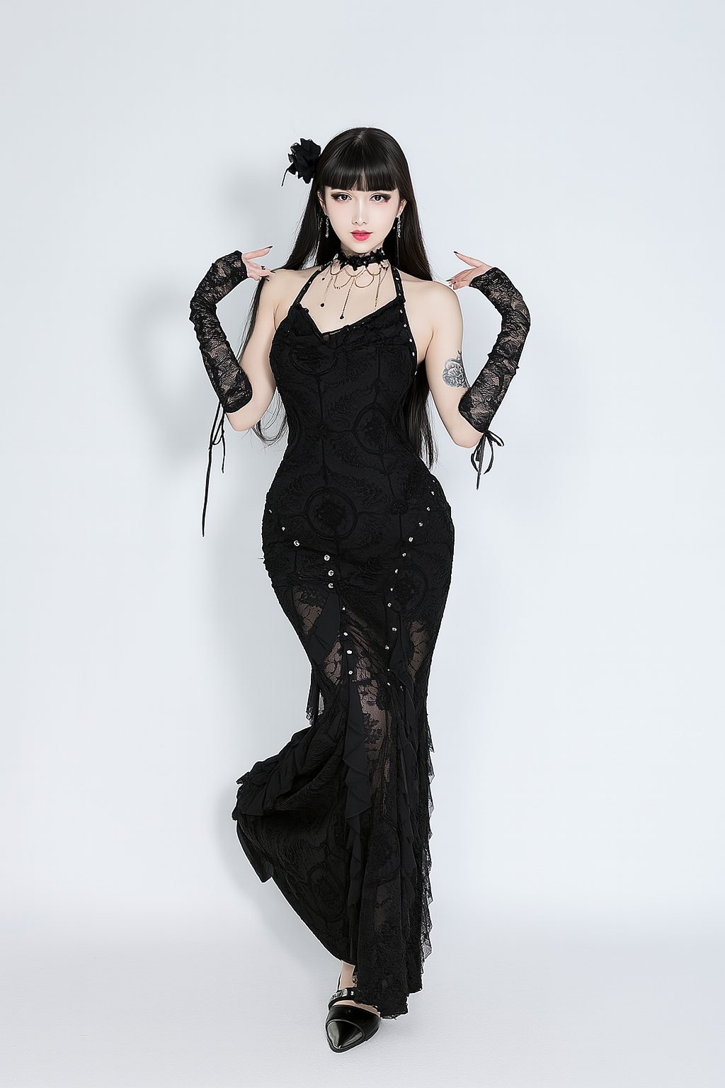 Plush Velvet Halter Long Dress With Fish Tail Silhouette - Black / M Plush Velvet Halter Long Dress With Fish Tail Silhouette - Black / M