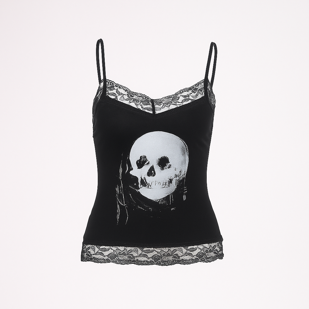 Gothic Skull Lace Crop Top with Skeleton Print