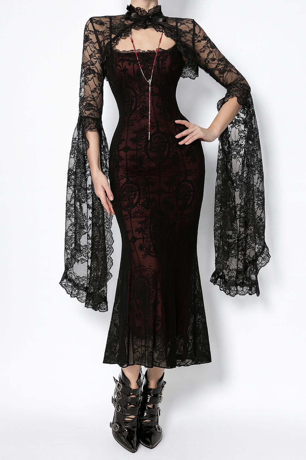 Vintage Gothic High Collar Mermaid Dress with Floral Embossed Design
