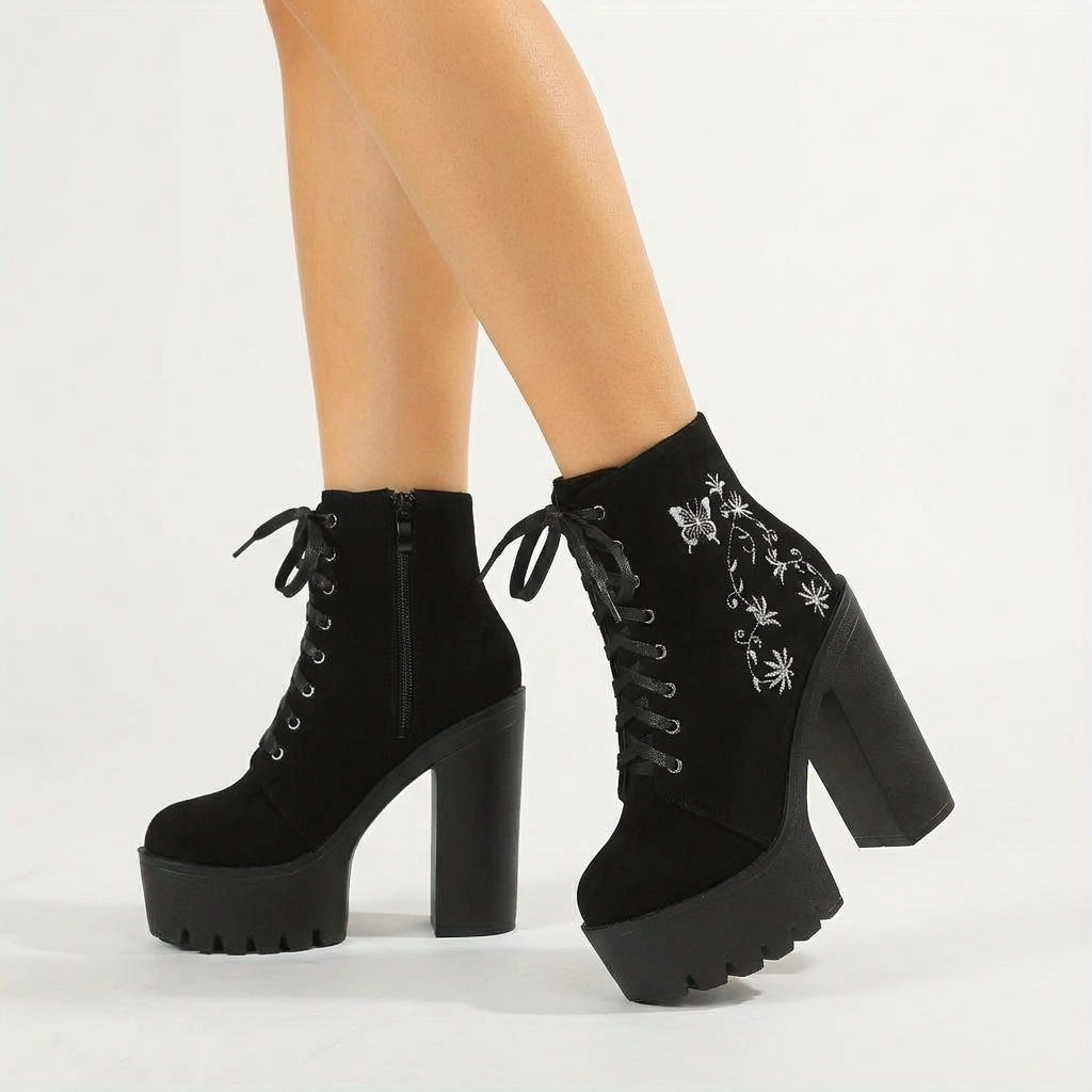 Halloween Flower Embroidery High Heel Ankle Boots, Women's Autumn And Winter Platform Platform Gothic Style Motorcycle Retro Women's Boots