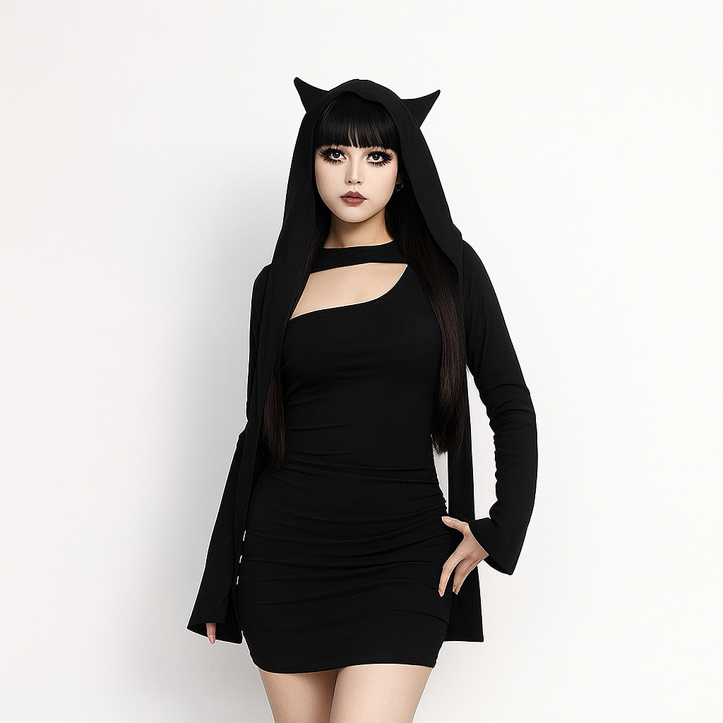 Gothic Cat-Ear Mini Dress Set with Slanted Neckline