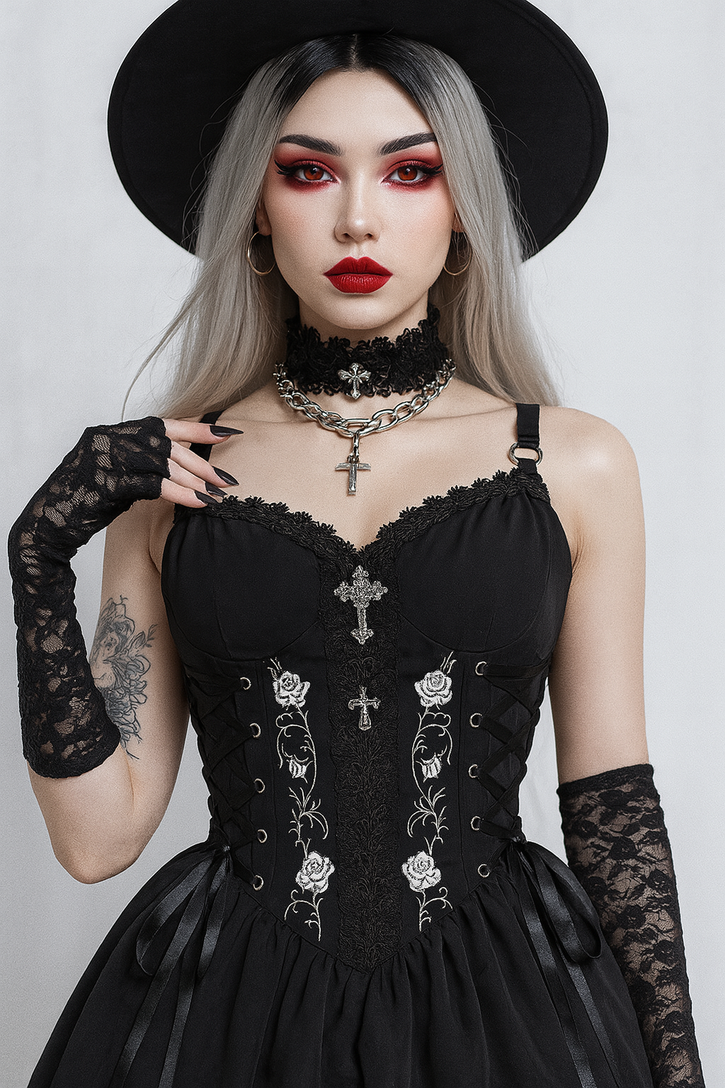 Gothic Elegance A-Line Dress with Lace Detailing