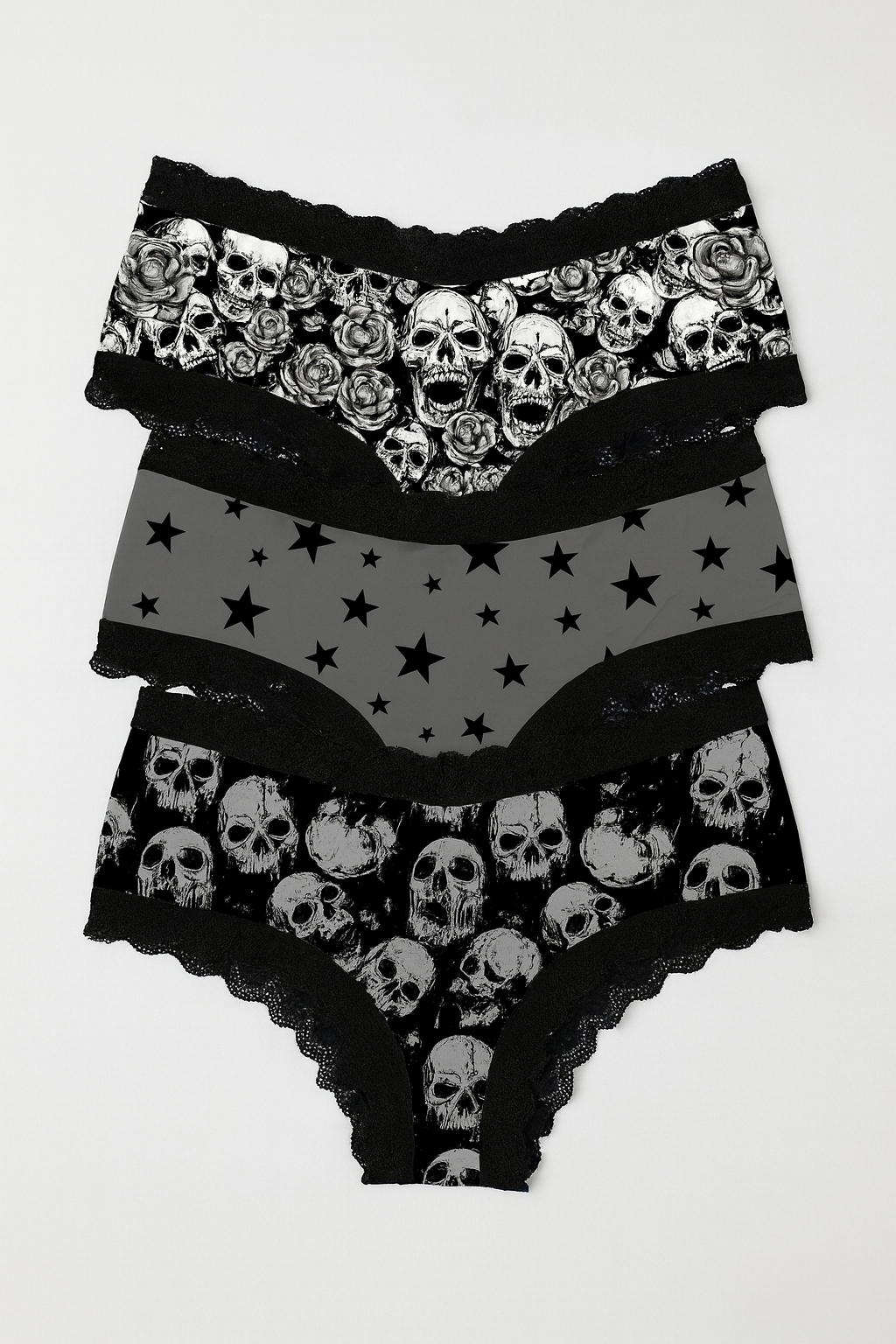 Dark Star Skull 3D Print Milk Stitching Contrast Lace Women's Triangle Panty Set of Three