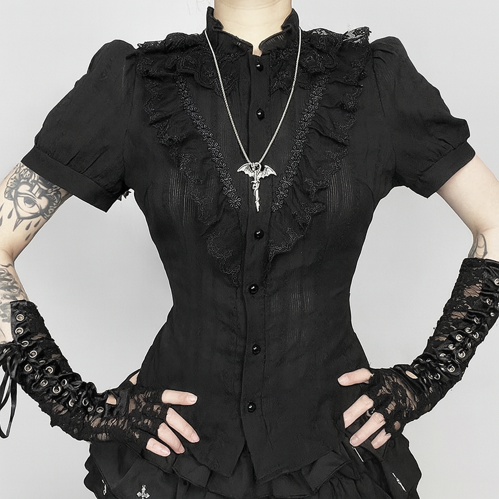 Gothic Black Ruffle Cardigan with Stand Collar