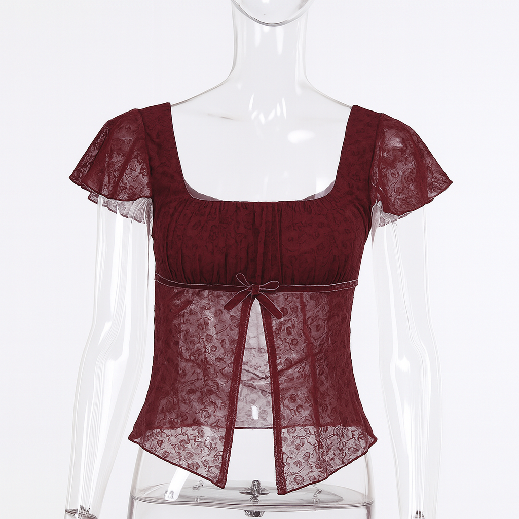 Gothic Red Crop Top with Square Neck and Side Slit