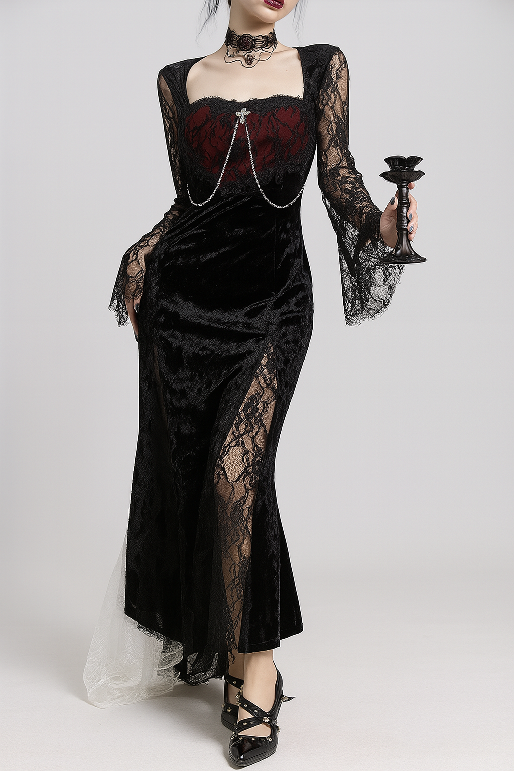 Gothic Lace Velvet Dress with High Slit and Bell Sleeves