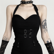 Gothic Grunge Halter Neck Shorts with Plaid Paneling and Ruffle Trim