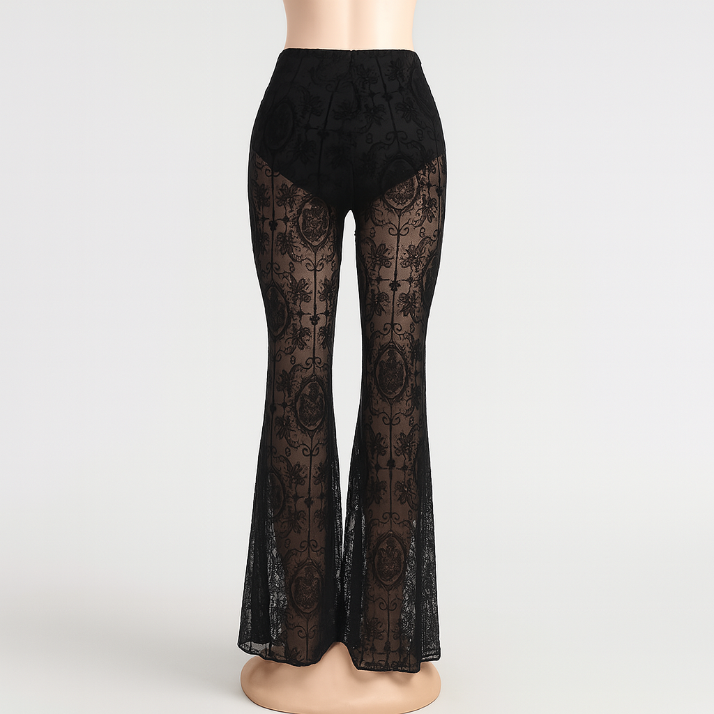 Heer Lace Flare Pants – High Waist Sheer Bell Bottoms for Modern Goth Fashion