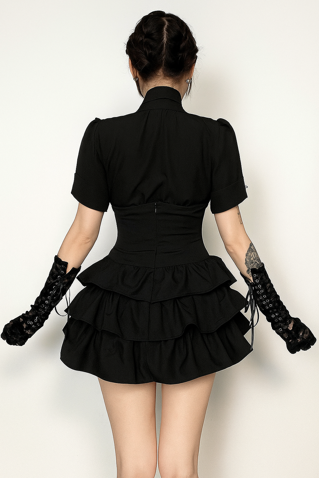 Gothic Ruffle Strap Mini Dress with Dark Puff Skirt and U-Neckline