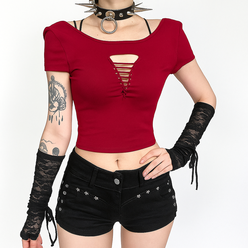 Gothic Backless Crop Tee with Spider Web Design
