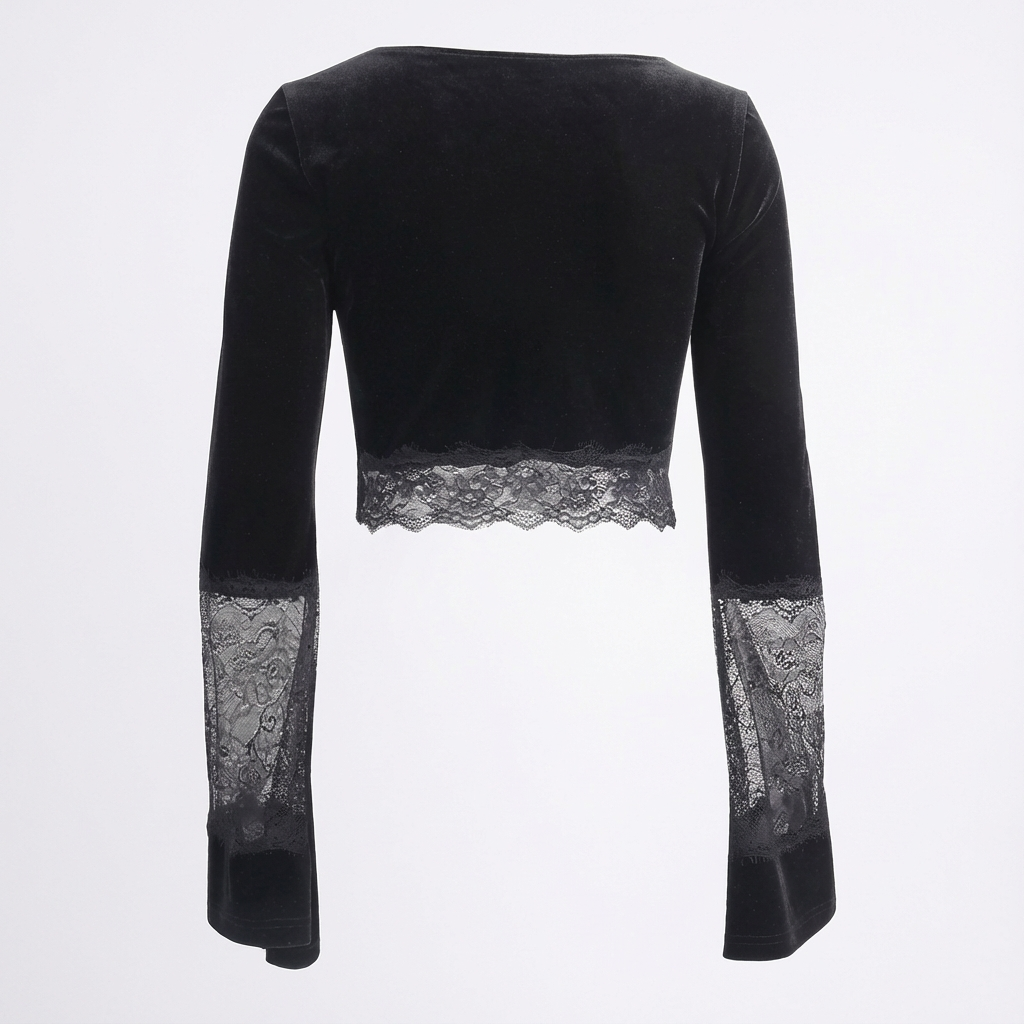 Gothic Lace Velvet Dress with High Slit and Bell Sleeves