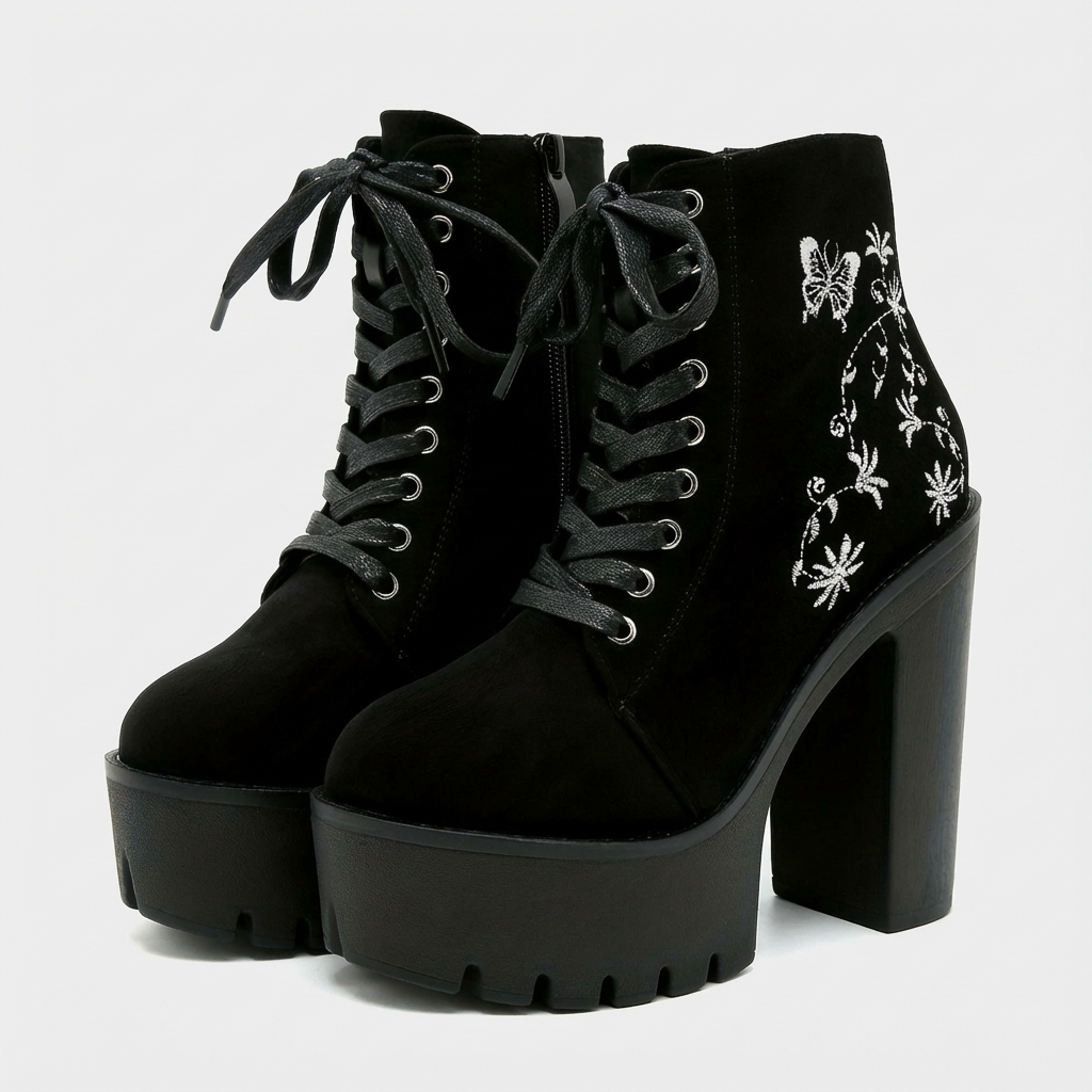 Halloween Flower Embroidery High Heel Ankle Boots, Women's Autumn And Winter Platform Platform Gothic Style Motorcycle Retro Women's Boots