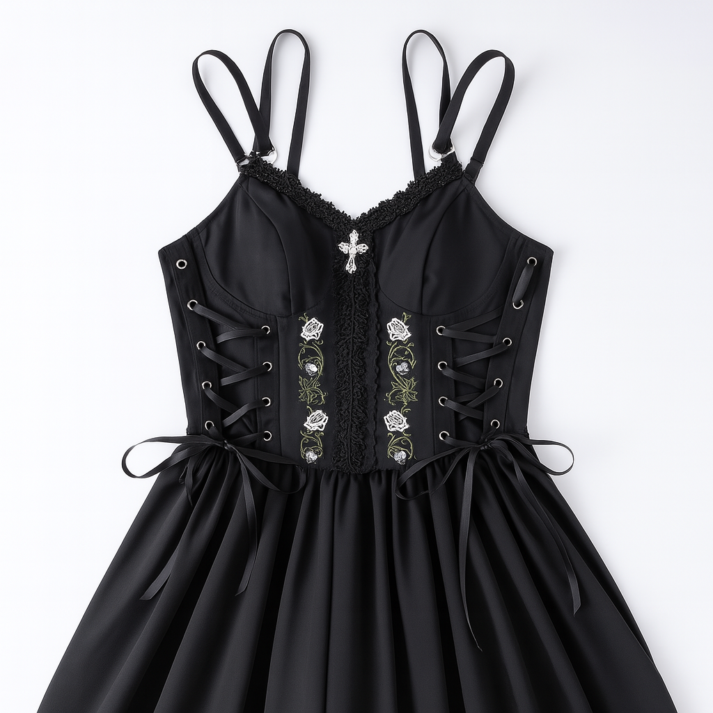 Gothic Elegance A-Line Dress with Lace Detailing