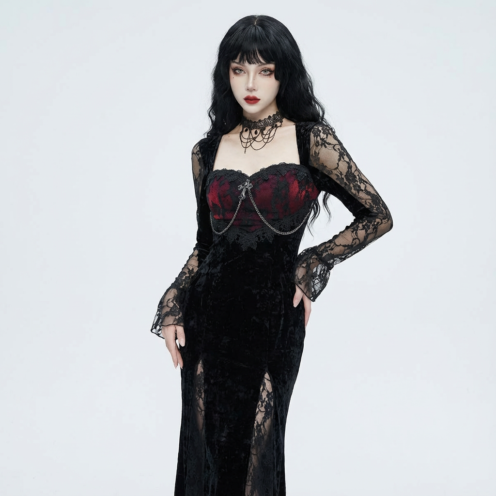 Gothic Lace Velvet Dress with High Slit and Bell Sleeves