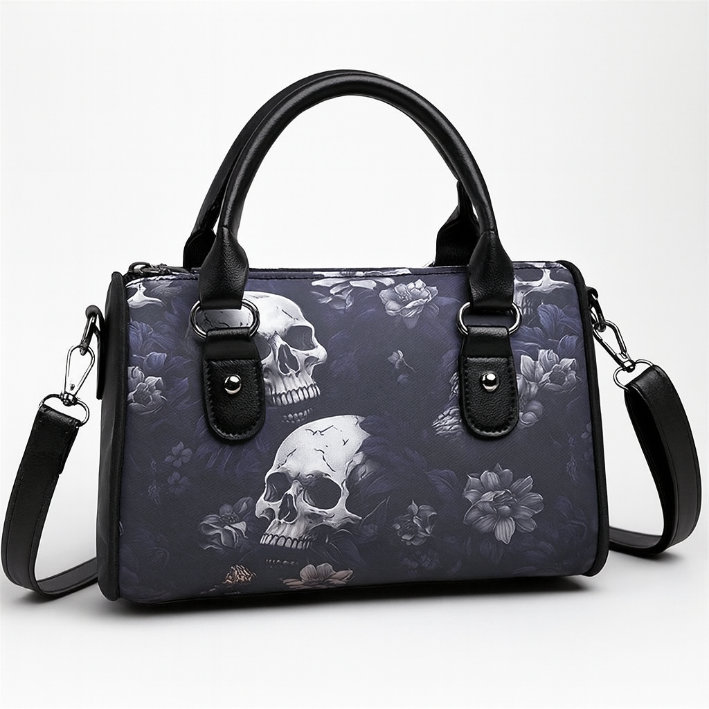 Skull Flower Pattern Handbag, Gothic Boston Shoulder Bag, Halloween Crossbody Bag For Women