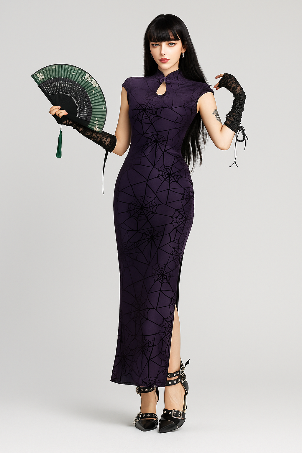 Spider Web Gothic Cheongsam Dress Set