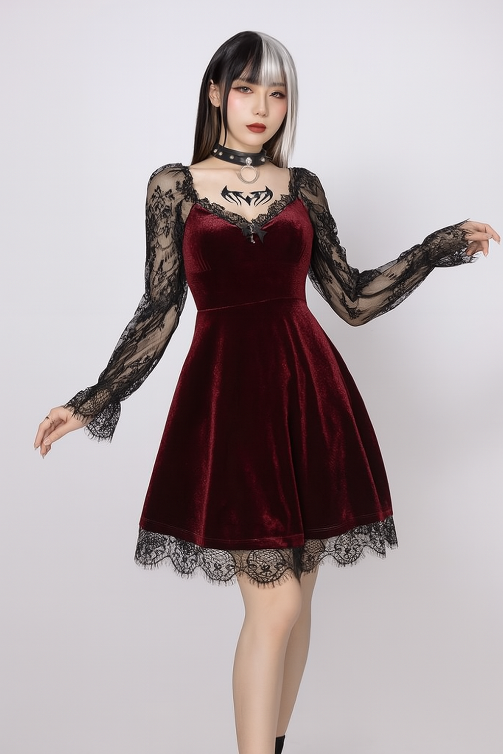 Sensual Lace Gothic A-Line Dress with Ruffled Hem