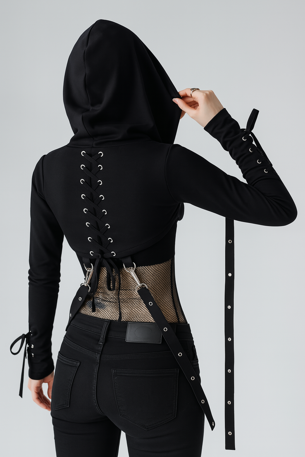 Cropped Black Gothic Hoodie With Straps