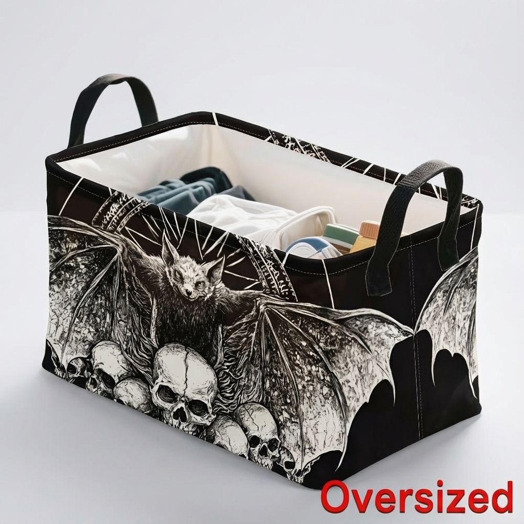 1pc Large Foldable Storage Basket - Gothic Bat & Skull Organizer, Collapsible Halloween Decor, Heavy-Duty Polyester Fabric for Candy, Dorm, Home - Spooky Gothic Home Decoration Gift, Halloween Decorations, Seasonal Organizer, Sturdy Handle Design