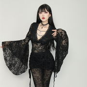 Gothic Lace V-Neck Top with Flared Sleeves for Dark Romantic Style