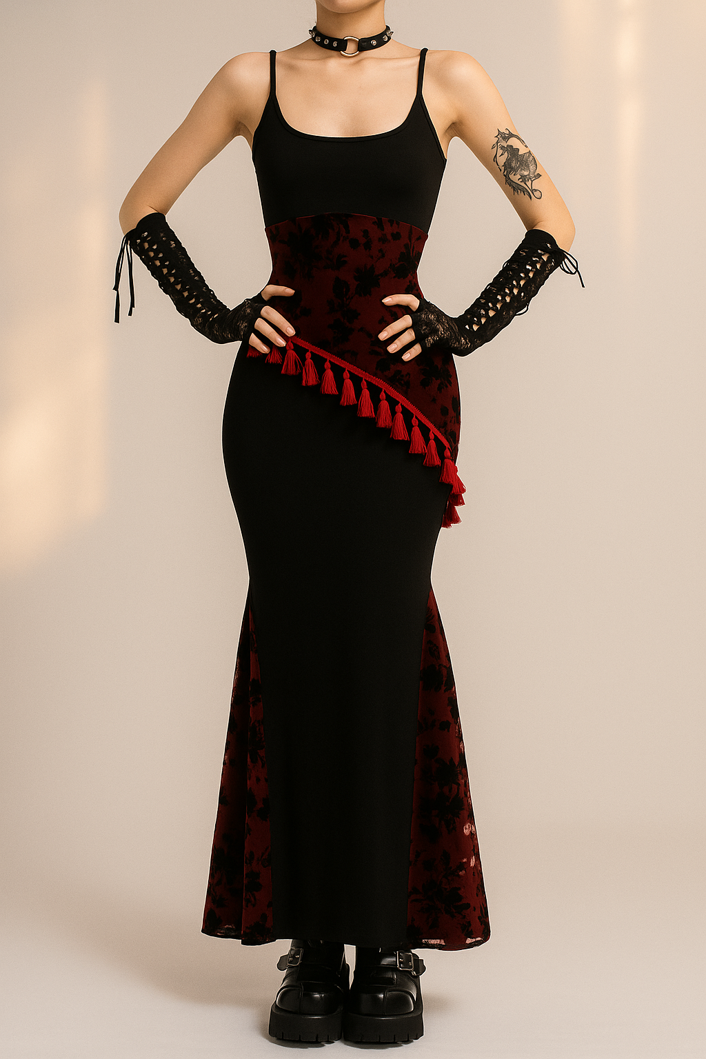 Floral Fringe Gothic Maxi Dress With Lace Accents